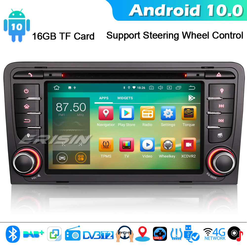 T2 WiFi Dab 64 Go de ROM ERISIN Autoradio 7 Android 10 pour Audi A3 S3 RS3 RNSE-PU Prend en Charge GPS-Navi Carplay Android Auto DSP Bluetooth A2DP DVB-T 8 cœurs 4 Go de RAM 