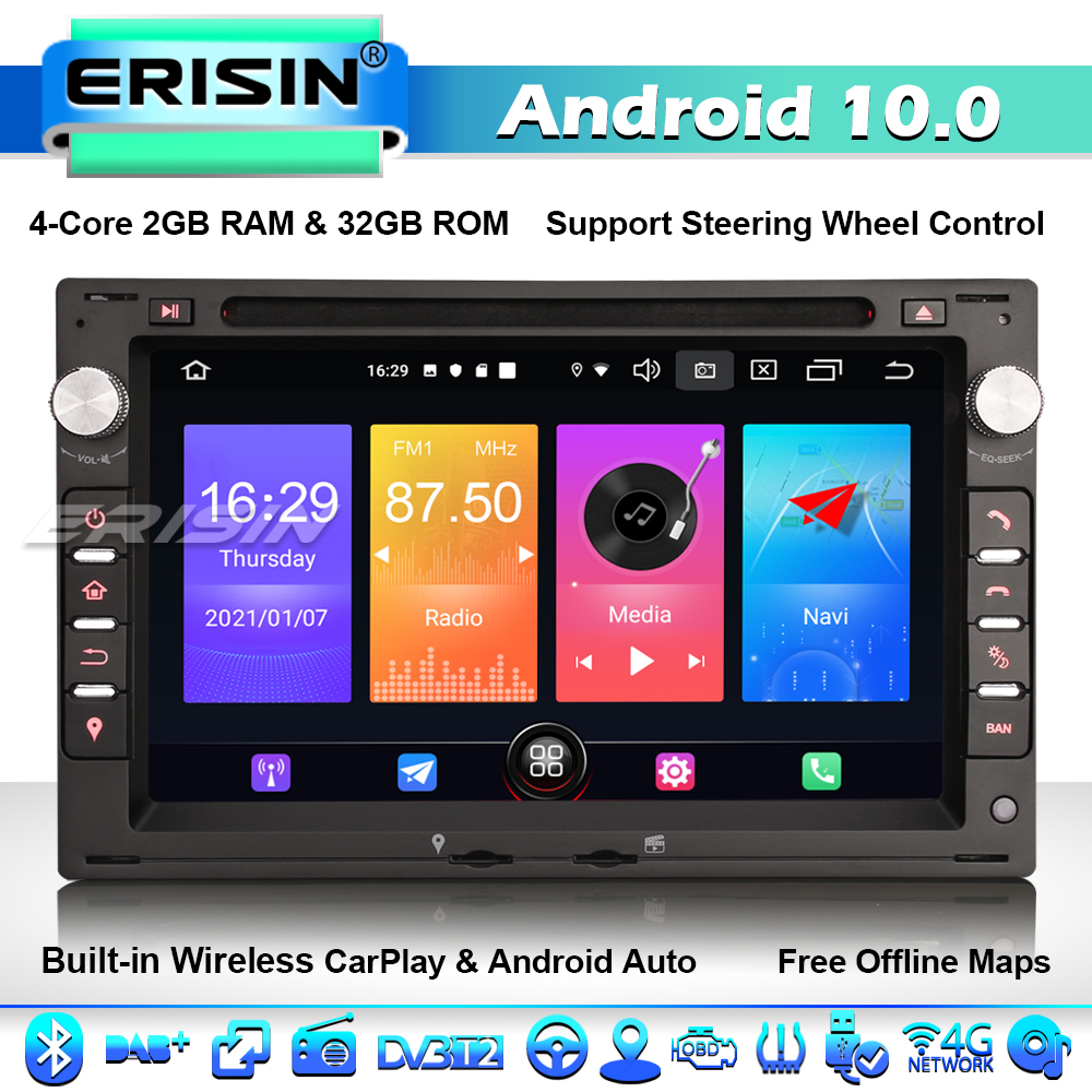 Erisin CarPlay 2+32G Android 10.0 Autoradio For VW PASSAT PEUGEOT GOLF 4 T4 T5 DVR 2786 
