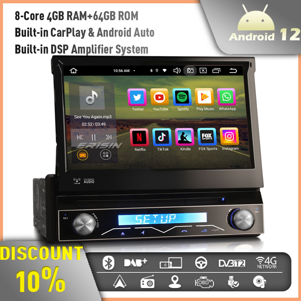 Android 10 Autoradio Bluetooth CarPlay 1 Din détachable DAB+ OBD 4G FM Radio  DSP
