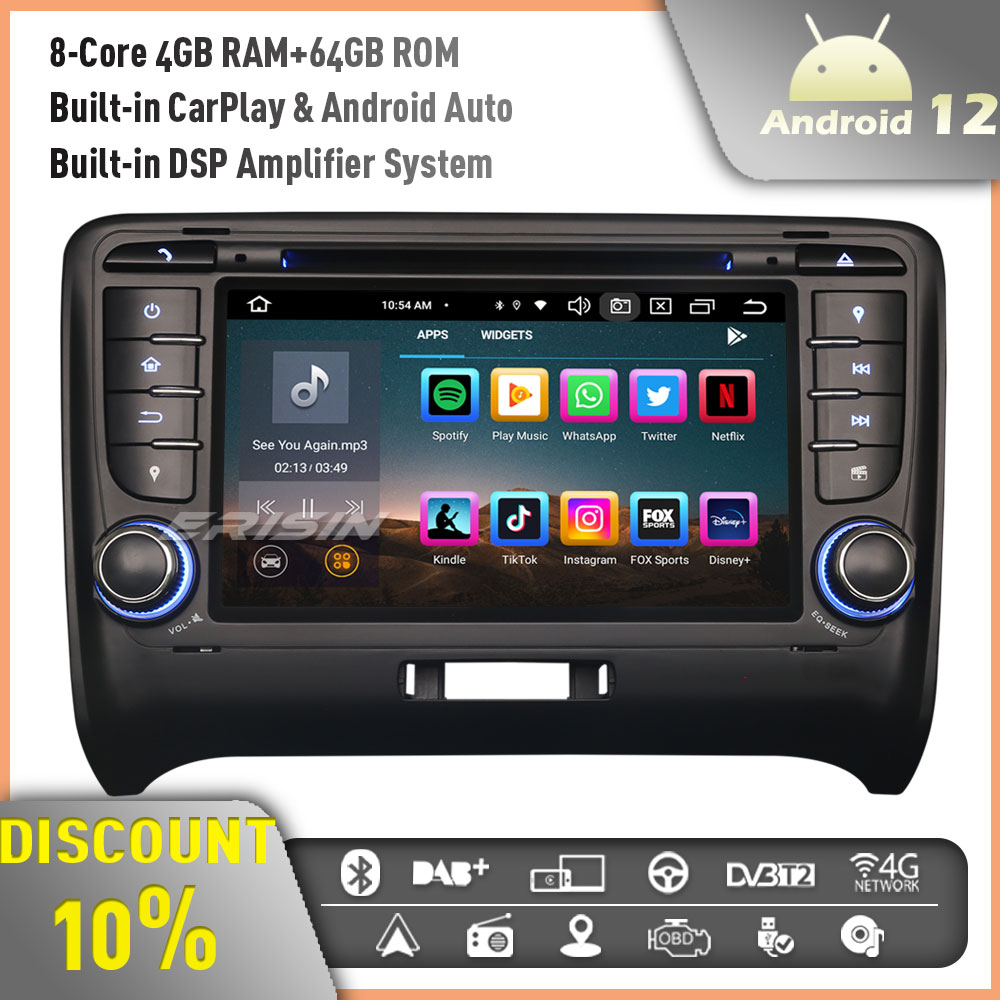 Erisin ES8579T Android 12 8-Core Car Stereo GPS Sat Nav DVD Radio for AUDI  TT MK2 7 Touch Screen DAB+ BT 5.0 CarPlay Android Auto WiFi OBD2 4GB+64GB